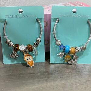 Charming Stainless Steel Bracelet Set with Blue and Orange Beads